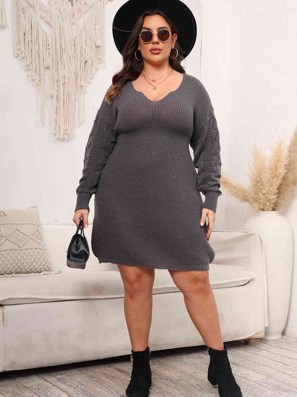 Plus Size Dropped Shoulder Long Sleeve Knit Mini Dress - - Sofia Valdelli Plus Size Dropped Shoulder Long Sleeve Knit Mini Dress - - Sofia Valdelli