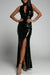 Black Slit High Neck Cutout Bust Sleeveless Sequin Gown - Dresses - Sofia Valdelli