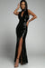 Black Slit High Neck Cutout Bust Sleeveless Sequin Gown - Dresses - Sofia Valdelli