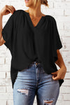 Gathered Detail Notched Neck Flutter Sleeve Top - Sofia Valdelli