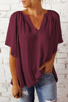 Gathered Detail Notched Neck Flutter Sleeve Top - Sofia Valdelli