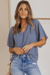Gathered Detail Notched Neck Flutter Sleeve Top - Sofia Valdelli