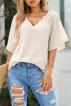 Gathered Detail Notched Neck Flutter Sleeve Top - Sofia Valdelli