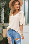 Gathered Detail Notched Neck Flutter Sleeve Top - Sofia Valdelli