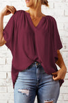 Gathered Detail Notched Neck Flutter Sleeve Top - Sofia Valdelli