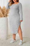 Plus Size Square Neck Long Sleeve Slit Dress - Sofia Valdelli