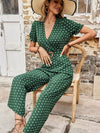 Polka Dot Belted Flounce Sleeve Jumpsuit with Pockets - Sofia Valdelli