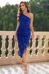 Sequin Asymmetrical Fringe Hem One-Shoulder Dress - Sofia Valdelli