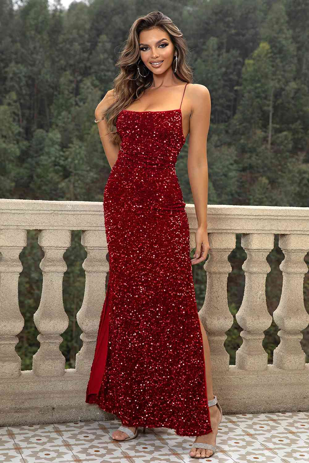 Sequin Backless Split Maxi Dress, Wine / XS Sequin Backless Split Maxi Dress, Wine / XS