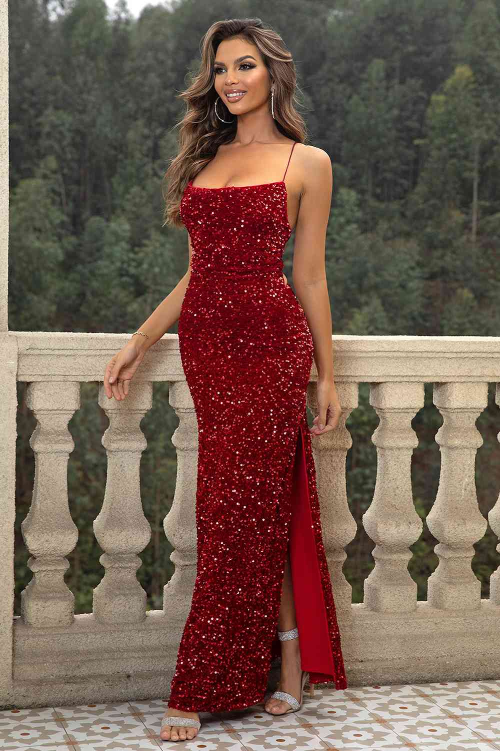 Sequin Backless Split Maxi Dress Wine / XS Sequin Backless Split Maxi Dress Wine / XS
