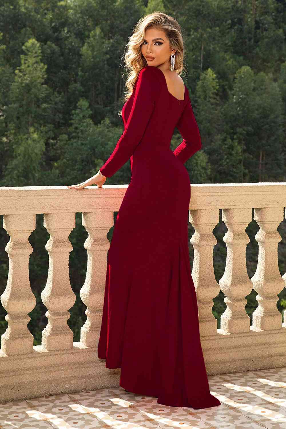 Square Neck Long Sleeve Dress Wine / XS Square Neck Long Sleeve Dress Wine / XS