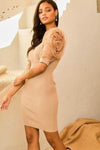 V Neck Contrast Flower Lace Bubble Sleeve Midi Bodycon Dress - Sofia Valdelli
