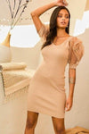V Neck Contrast Flower Lace Bubble Sleeve Midi Bodycon Dress - Sofia Valdelli