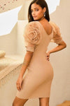V Neck Contrast Flower Lace Bubble Sleeve Midi Bodycon Dress - Sofia Valdelli