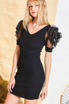 V Neck Contrast Flower Lace Bubble Sleeve Midi Bodycon Dress - Sofia Valdelli